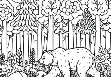 Grizzly trottet langsam durch dichten Wald – Ausmalbild gratis