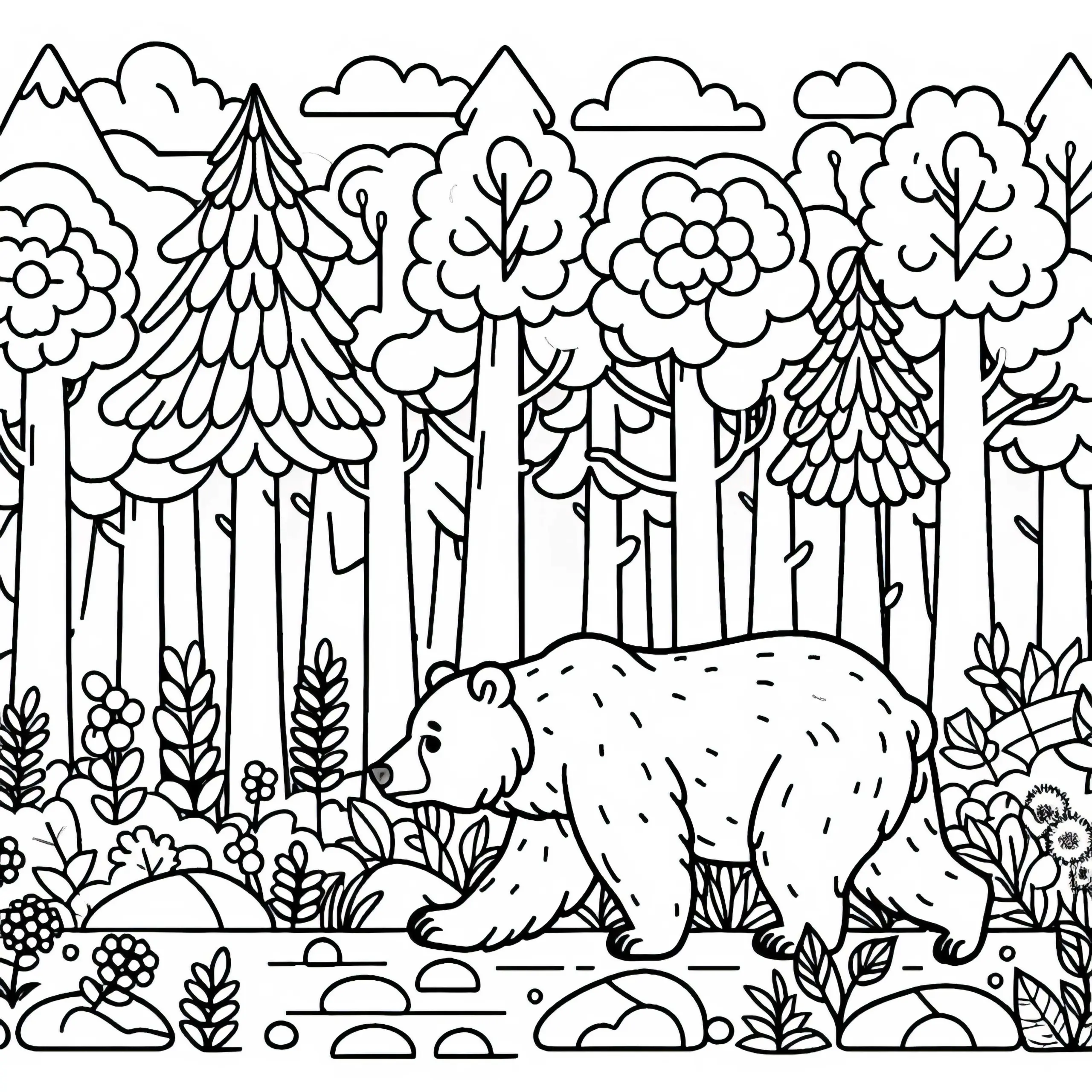Grizzly trottet langsam durch dichten Wald – Ausmalbild gratis
