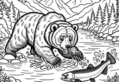 Grizzlybär fängt springenden Lachs im Fluss – Ausmalbild kostenlos