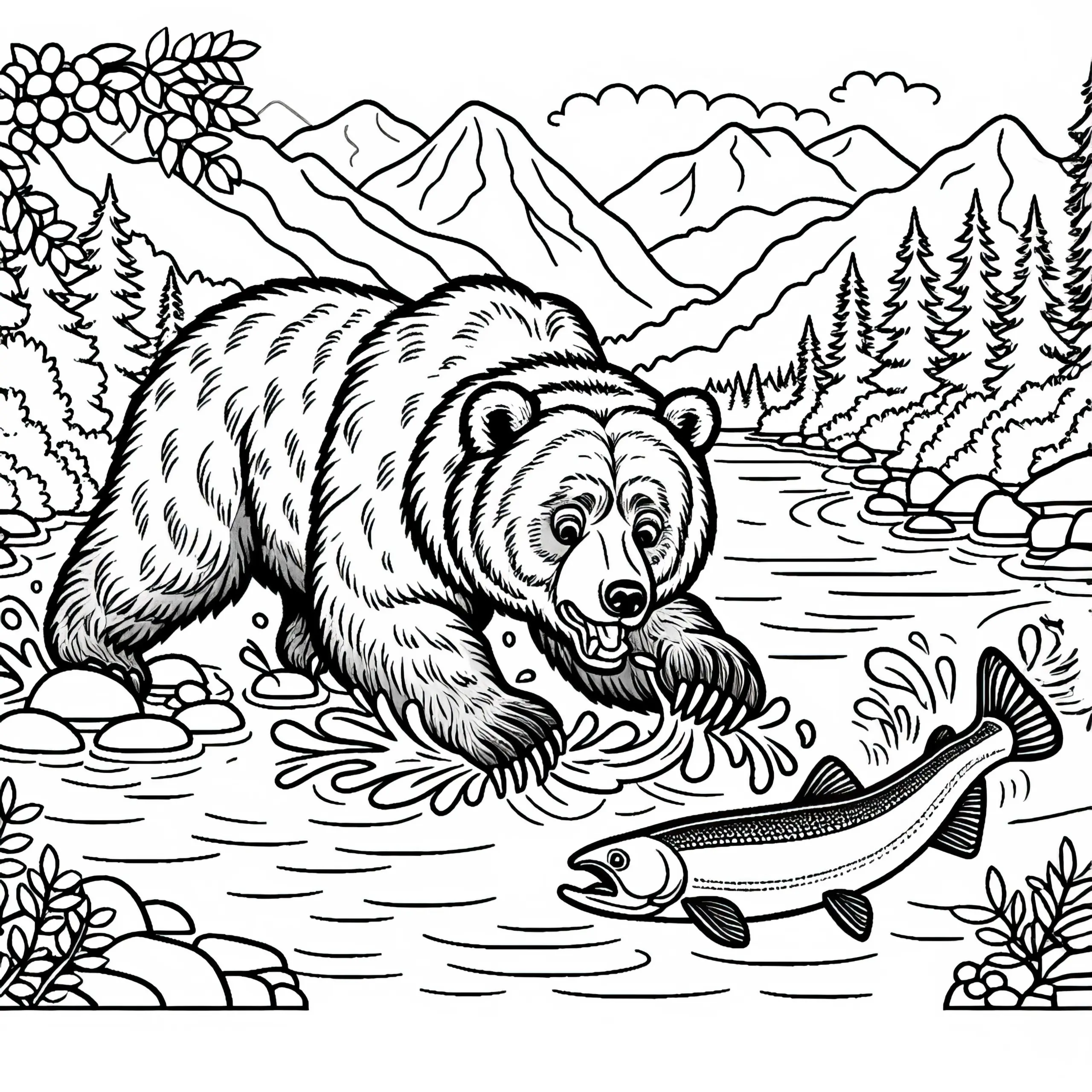 Grizzlybär fängt springenden Lachs im Fluss – Ausmalbild kostenlos
