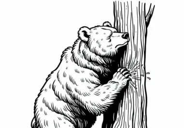 Grizzlybär reibt sich am Baum – Ausmalbild gratis