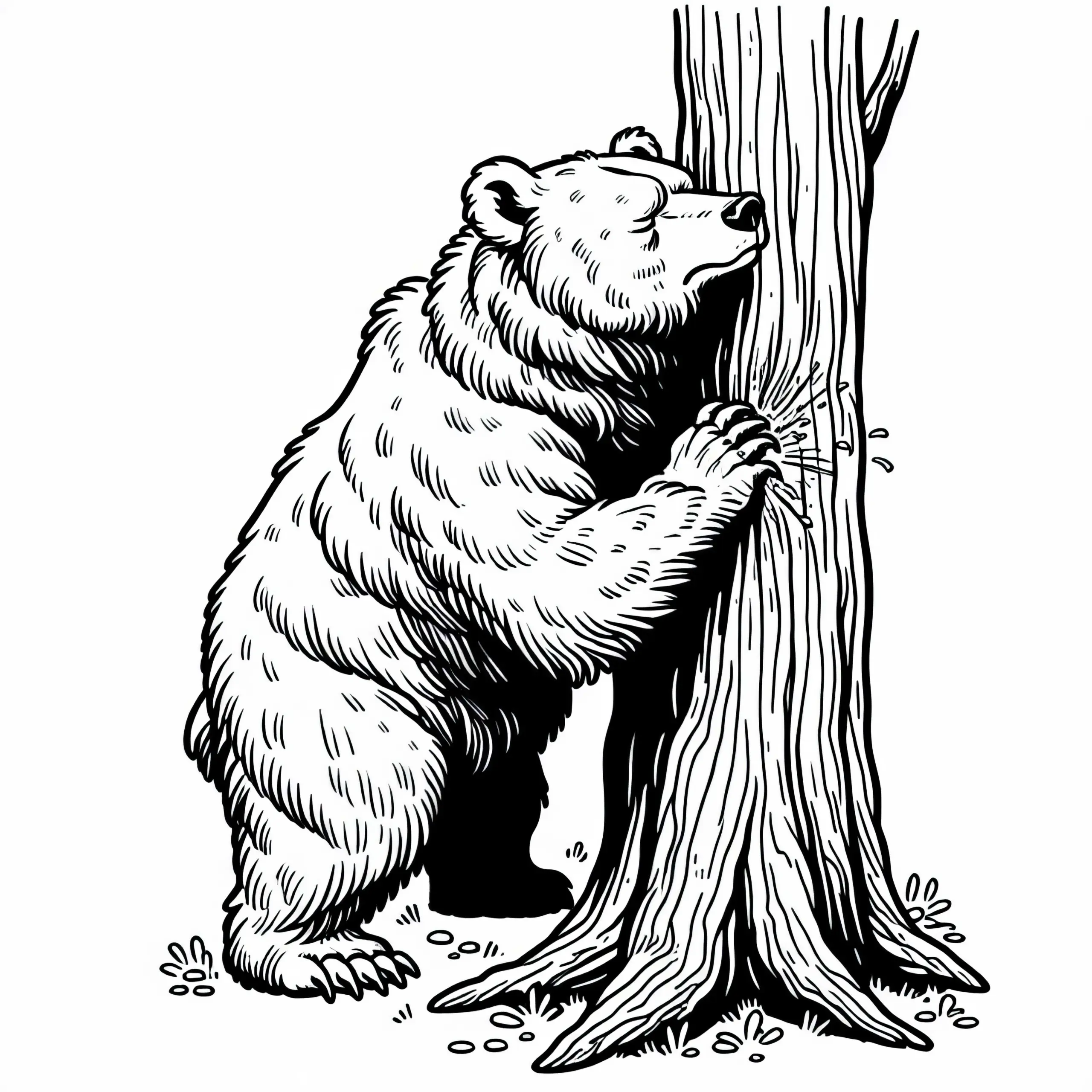 Grizzlybär reibt sich am Baum – Ausmalbild gratis