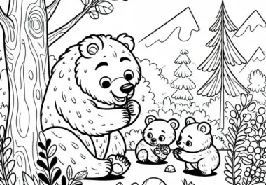 Grizzlymutter spielt mit ihren tapsigen Jungen – Malvorlage kostenlos