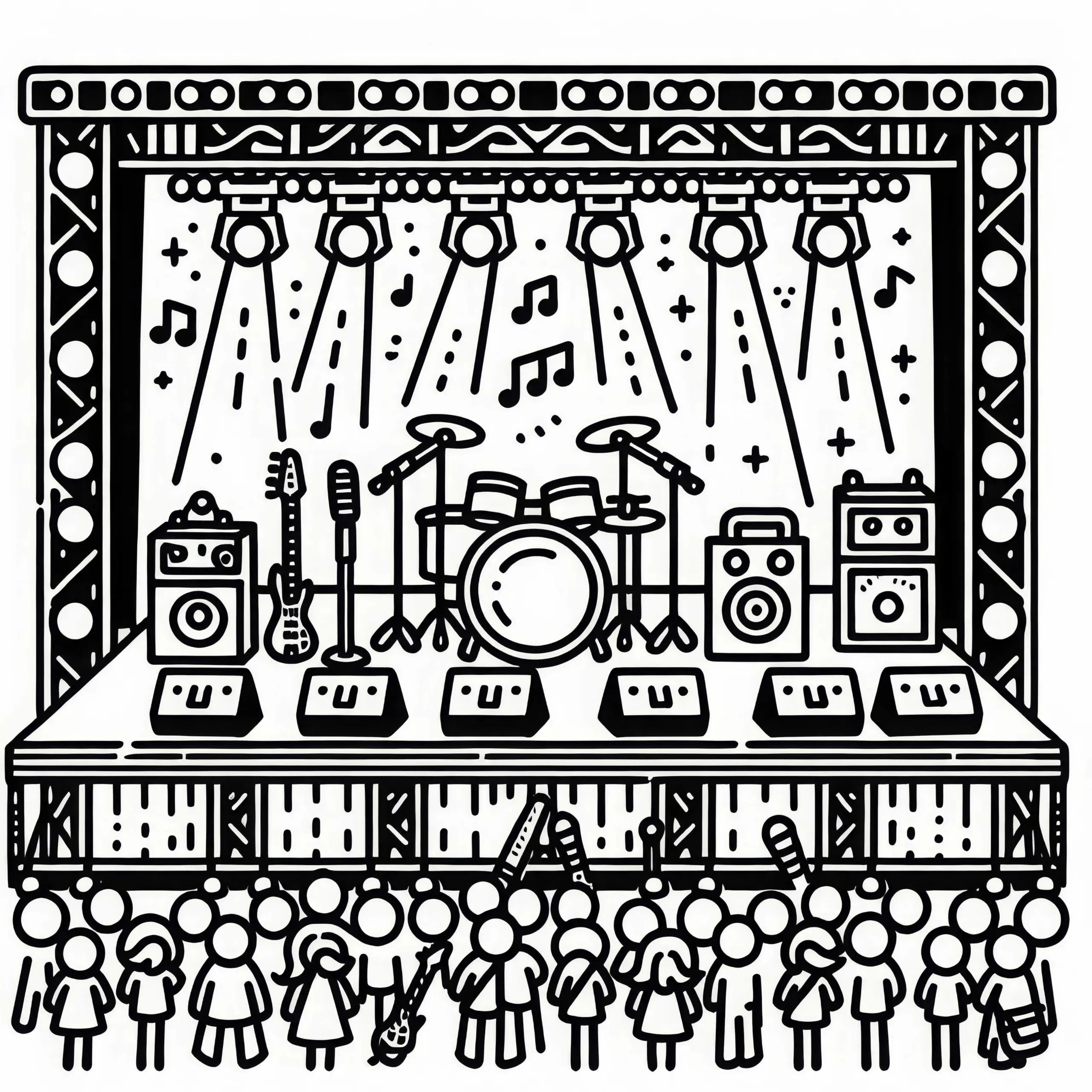 Große Bühne auf Musikfestival – Malvorlage einfach gratis (Ausmalbild)
