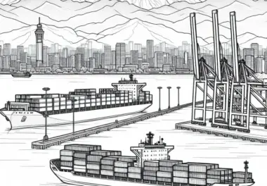 Große Containerschiffe und Kräne im Hafenbereich – Malvorlage kostenlos herunterladen