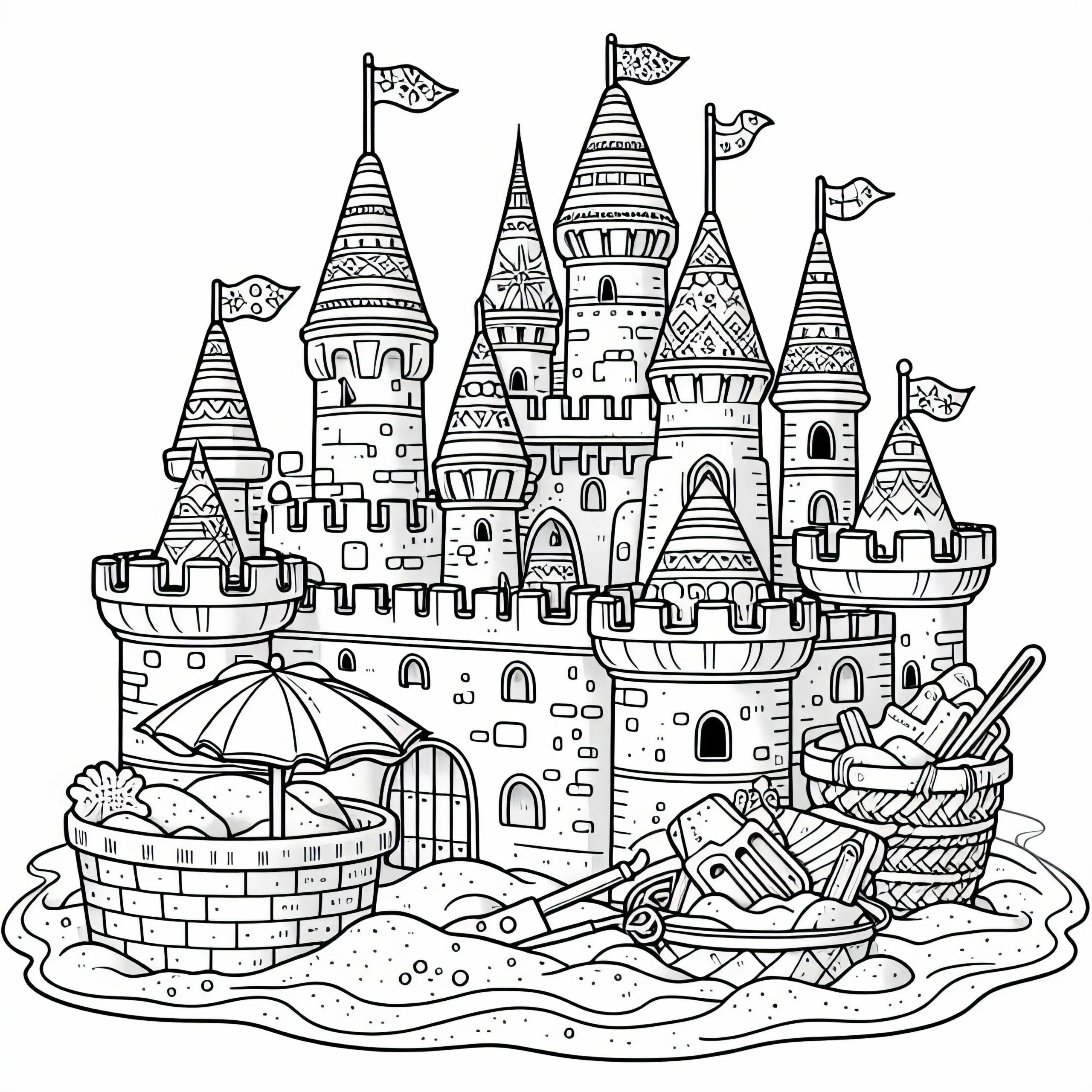 Große Sandburg mit Türmen und Fahnen im Sandkasten – Malvorlage kostenlos (Ausmalbild)