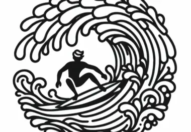 Große Welle bricht mit Surfer mittendrin – Ausmalbild kostenlos