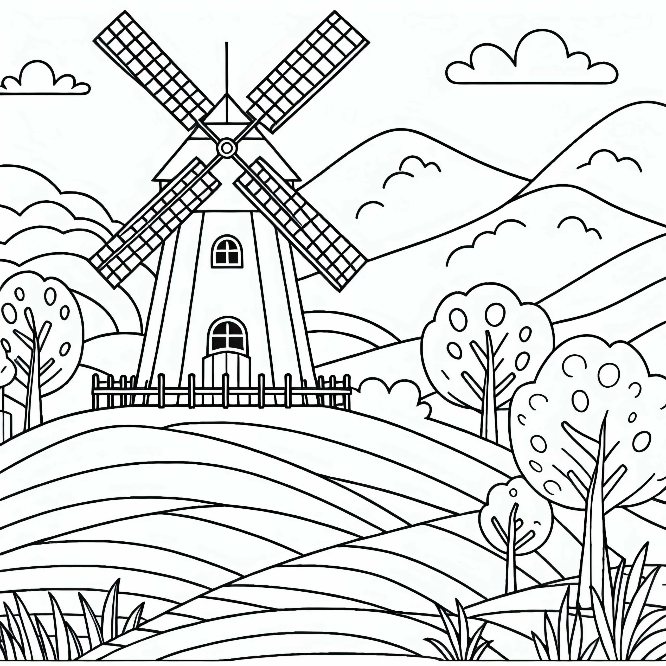 Große Windmühle auf Hügel – Ausmalbild kostenlos