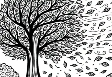 Großer Baum, der Blätter im Wind verliert – Ausmalbild Herbst gratis