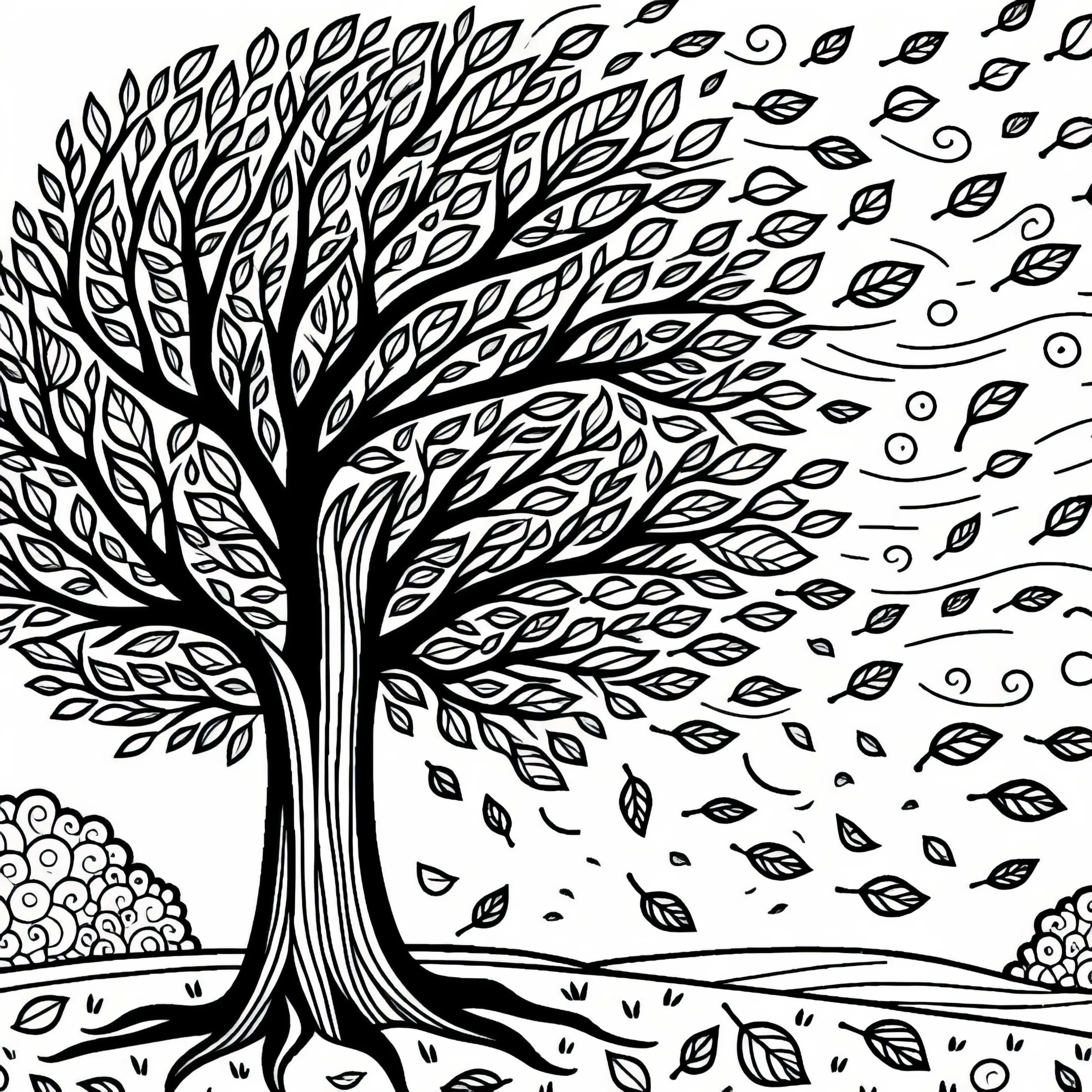 Großer Baum, der Blätter im Wind verliert – Ausmalbild Herbst gratis