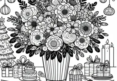 Großer Blumenstrauß auf festlich gedecktem Tisch – Ausmalbild kostenlos