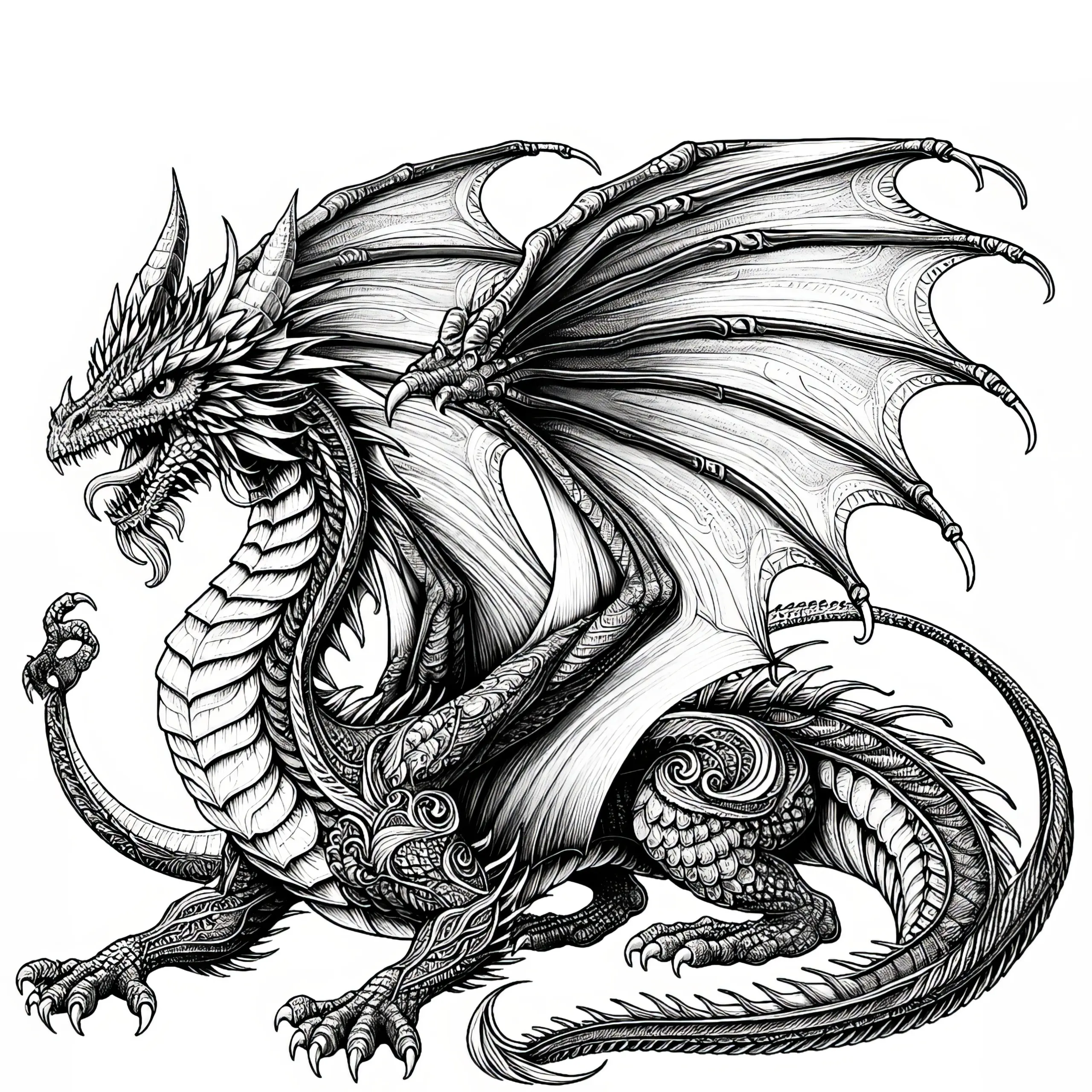 Großer Drache, der seine Flügel spreizt: Malvorlage zum Download (Gratis) (Ausmalbild)
