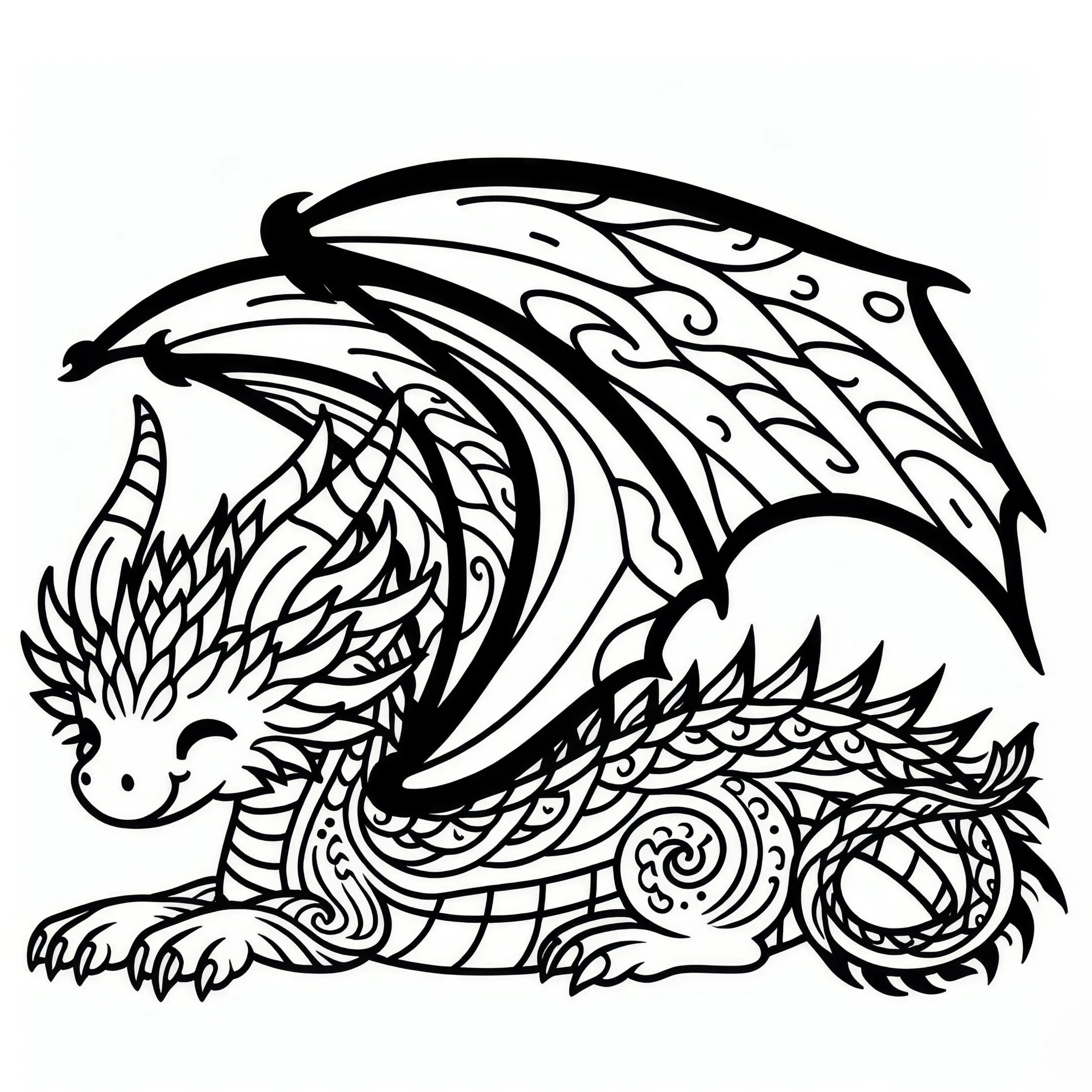 Großer Drache mit gespreizten Flügeln: Einfache Malvorlage (Kostenlos) (Ausmalbild)