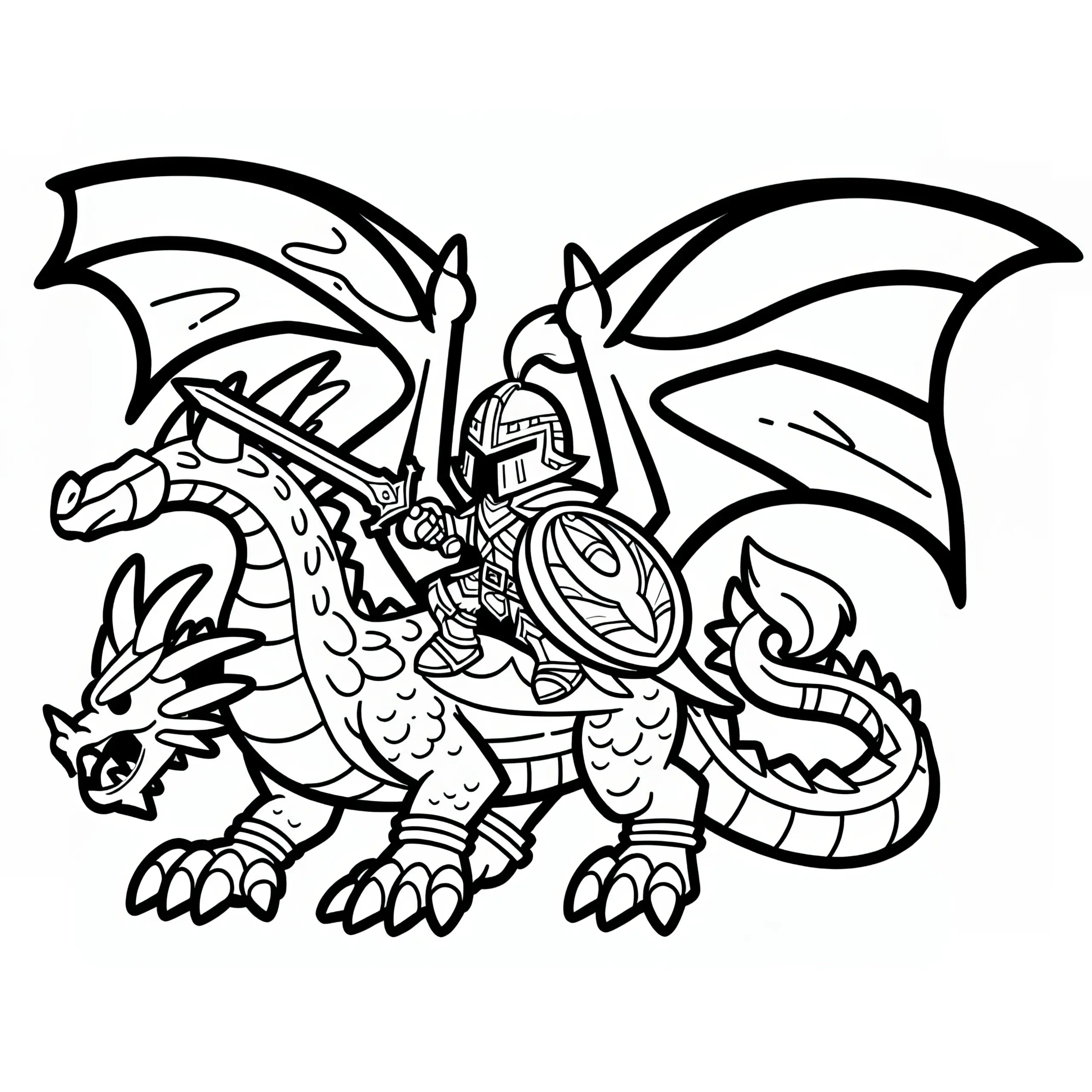 Großer Drache, auf dem ein Held reitet: Einfaches Ausmalvorlage (Kostenlos) (Ausmalbild)
