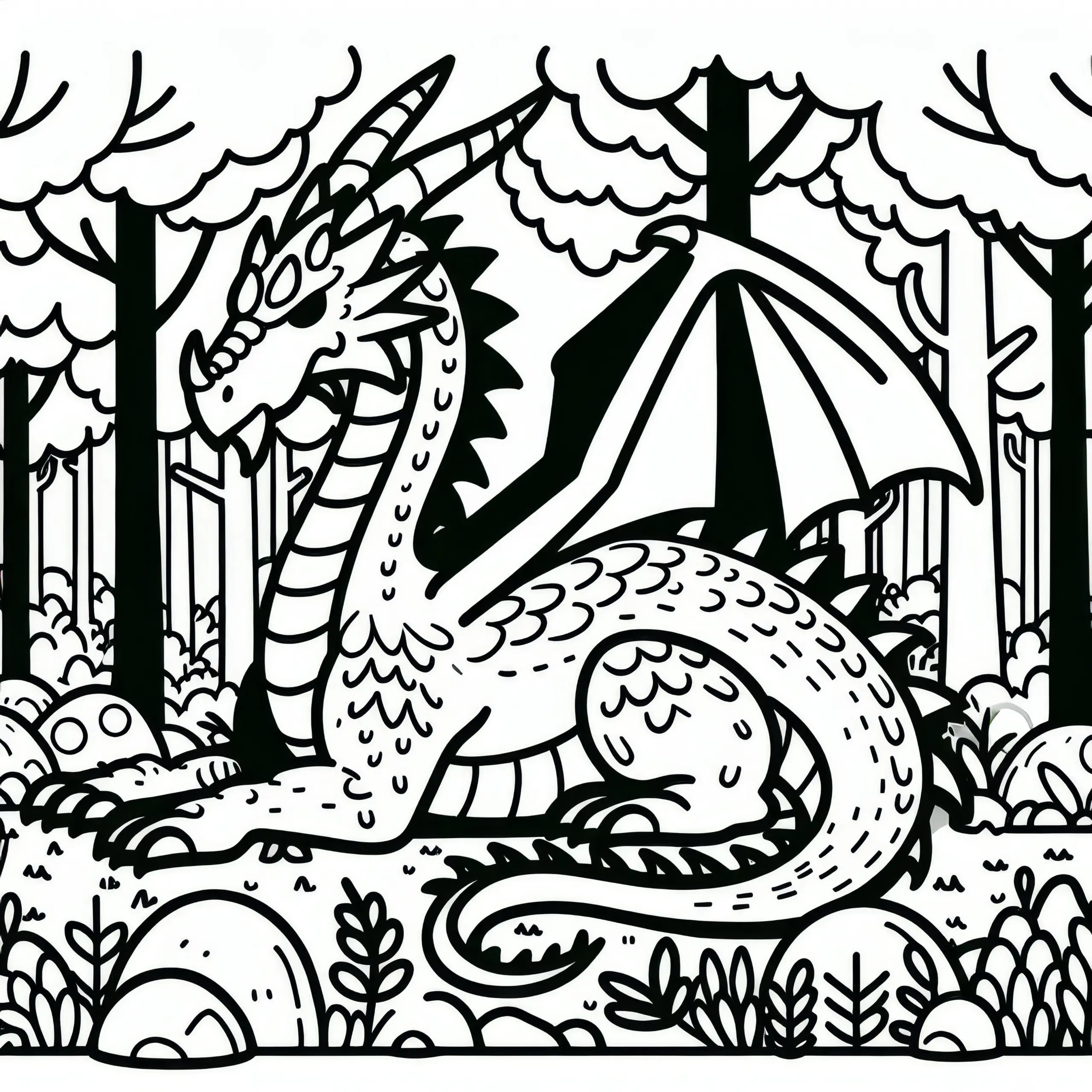Großer Drache im Wald: Kostenloses Ausmalbild