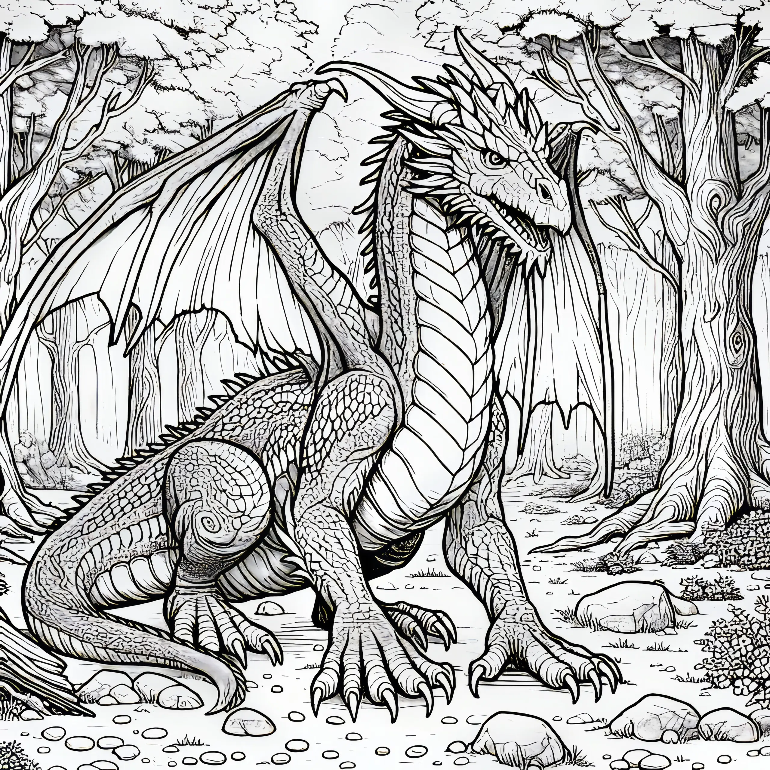 Großer Drache in einem Wald: Gratis Ausmalbild