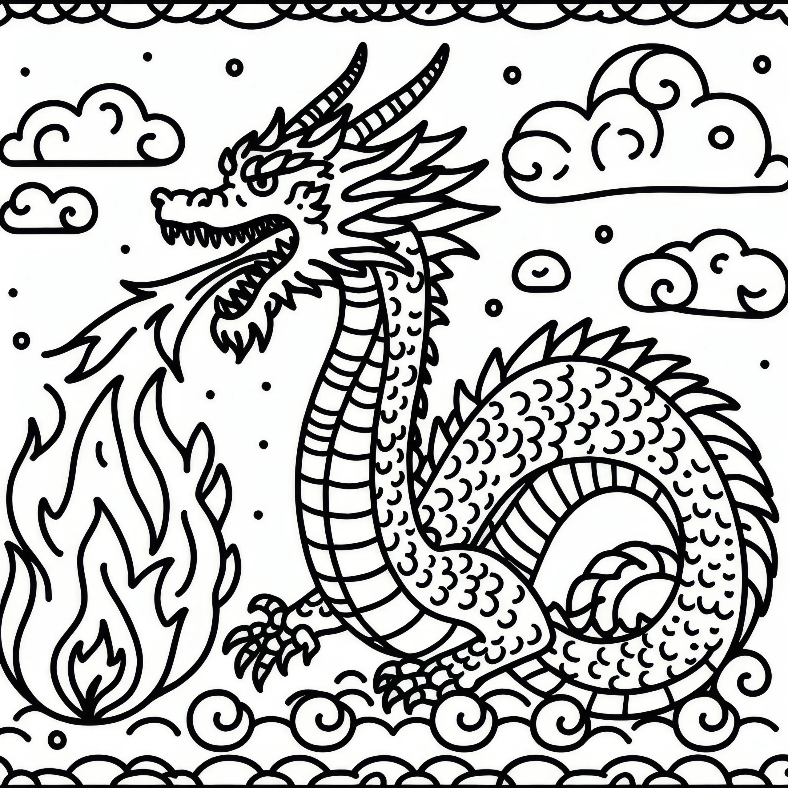 Großer feuerspeiender Drache: Einfaches Ausmalbild (Gratis)