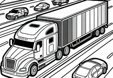 Großer Laster fährt auf Autobahn – Ausmalbild kostenlos