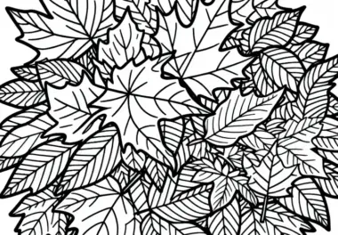 Großer Laubhaufen mit Herbstblättern als Ausmalbild kostenlos