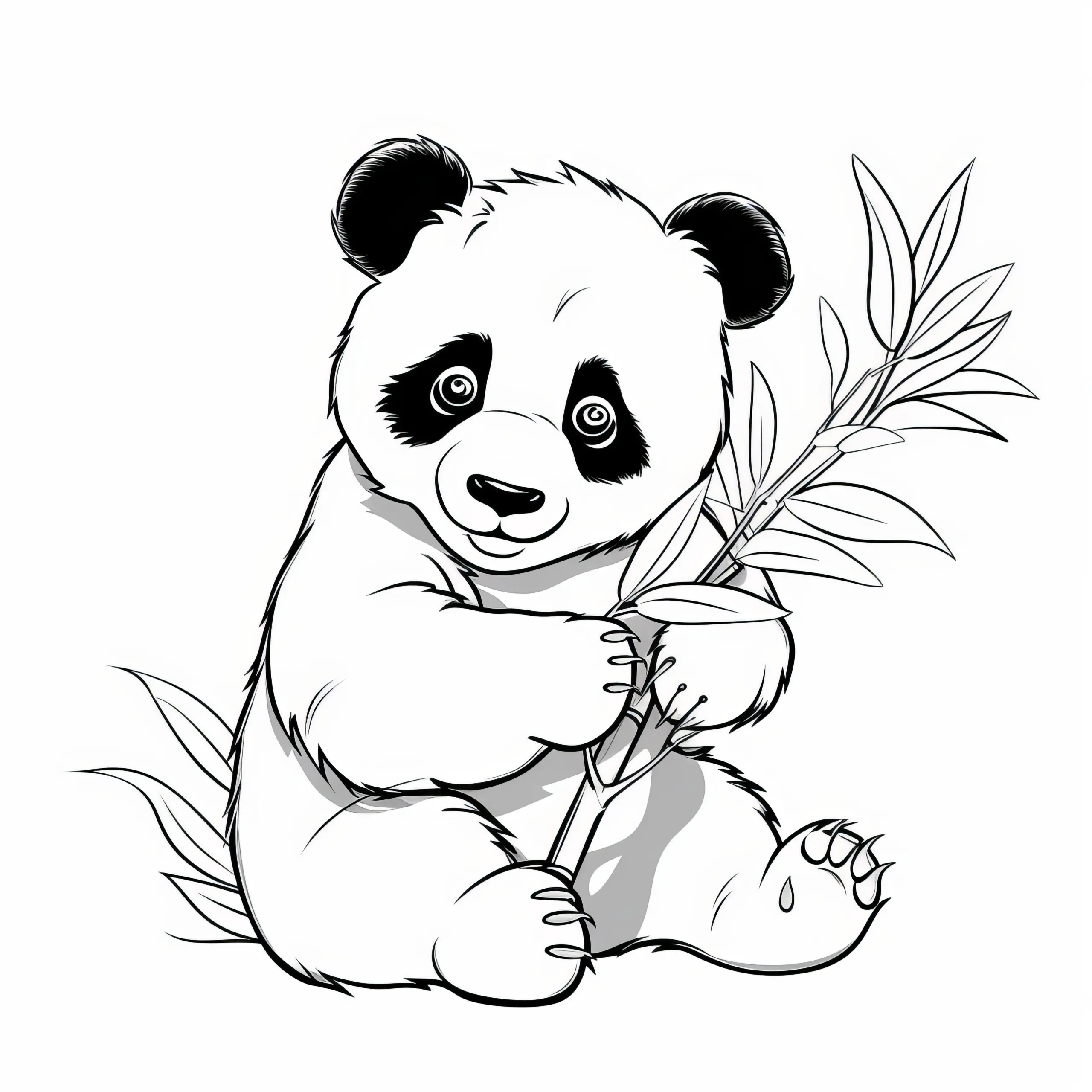 Großer Panda mit Bambuszweig und Spiralaugen: Kostenloses Ausmalbild