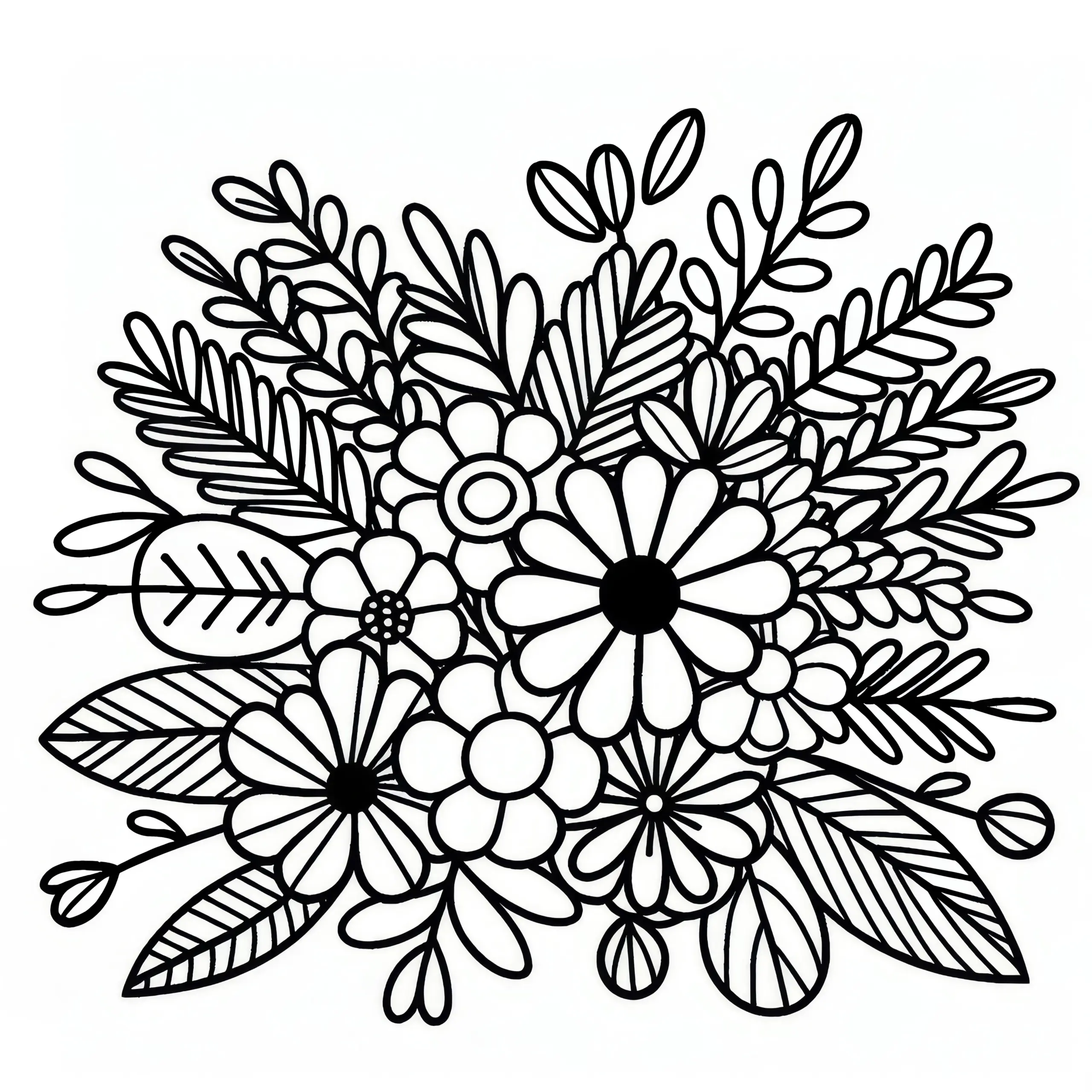 Großer Strauß Blumen zum Valentinstag: Einfache Malvorlage zum Download (Gratis) (Ausmalbild)