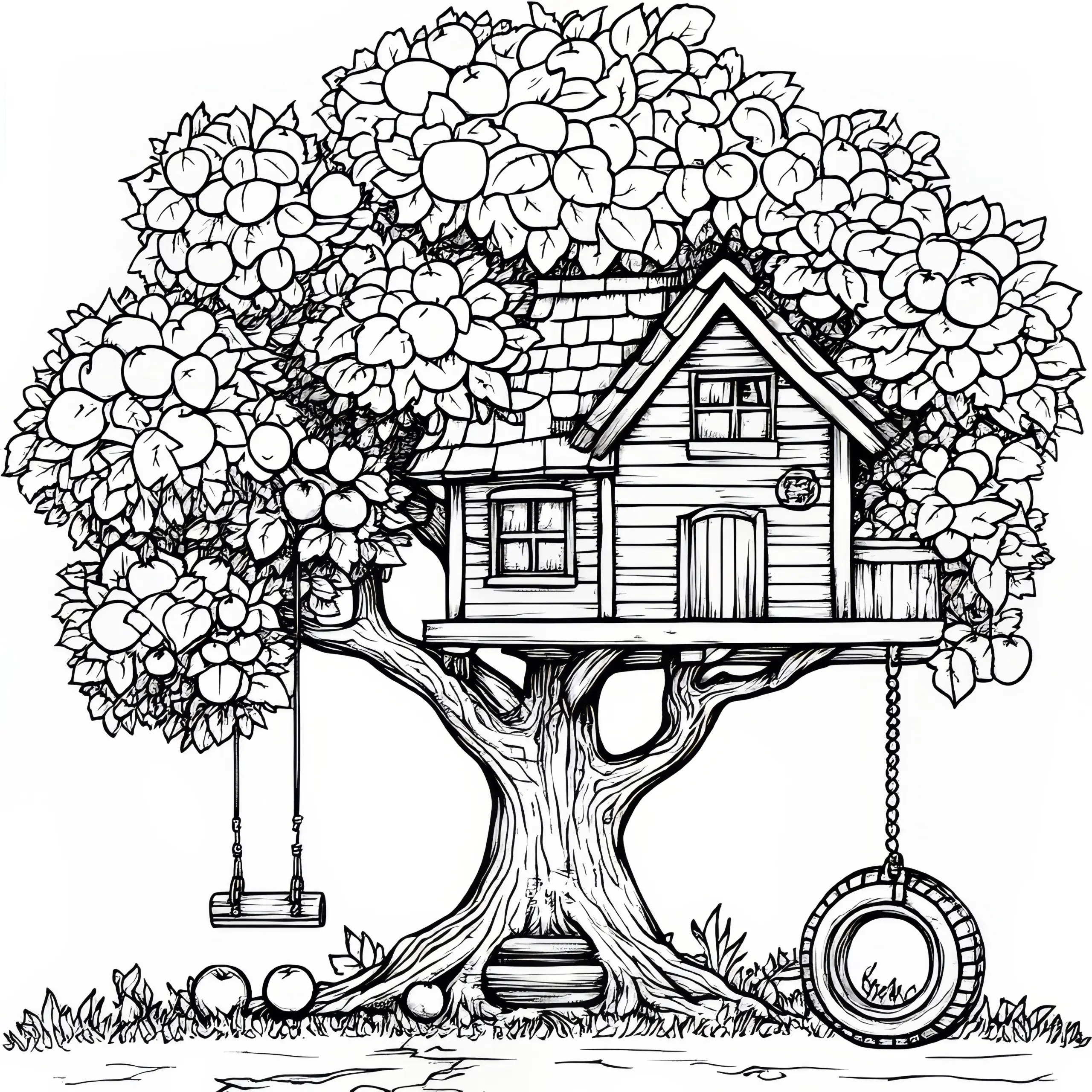 Großes Baumhaus mit Schaukeln: Ausmalbild gratis zum Download