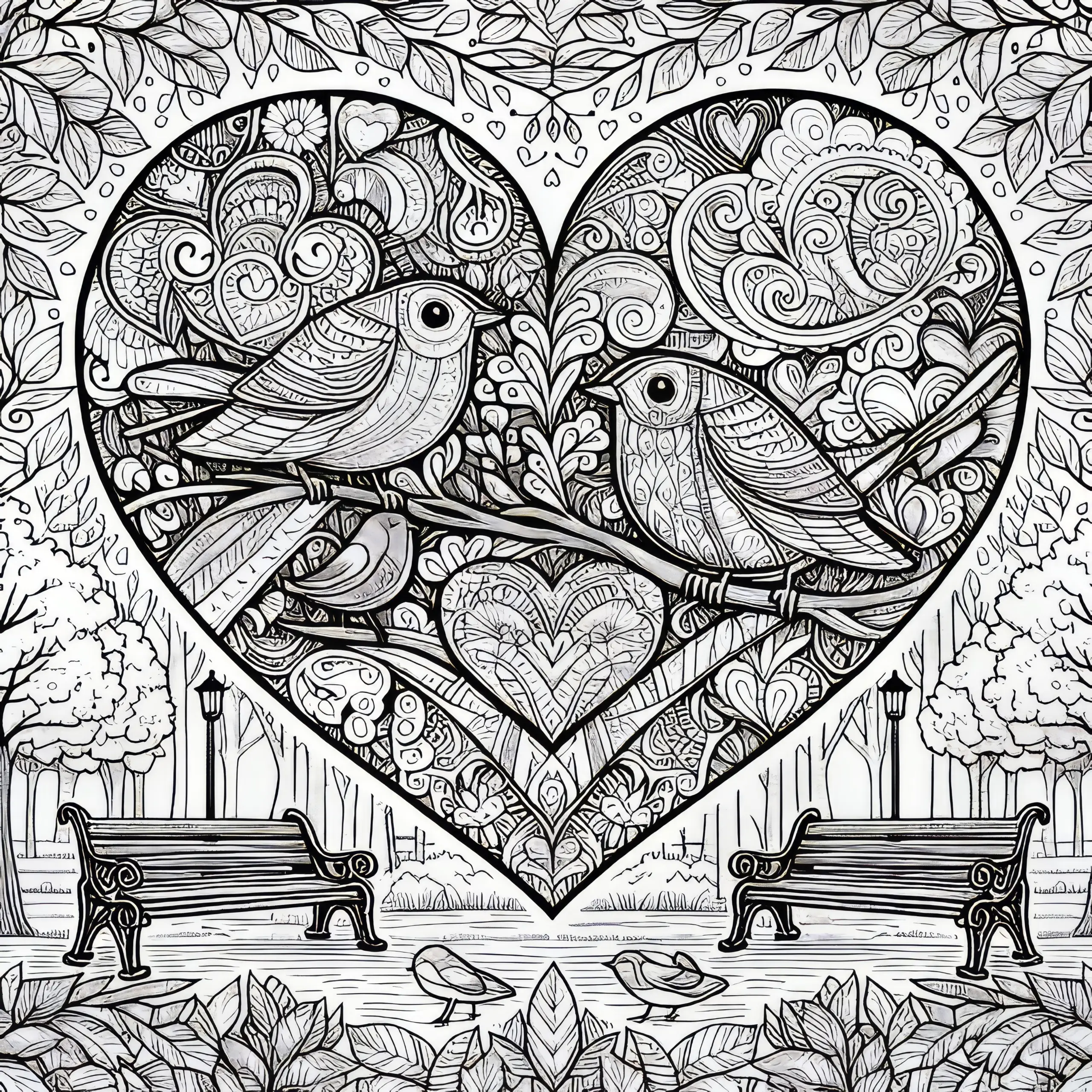 Großes Herz mit Vögeln im Park: Ausmalbild zum Valentinstags (Kostenlos)