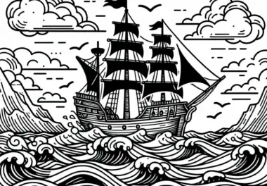 Großes Piratenschiff Segelt über Stürmische Wellen – Malvorlage Kostenlos