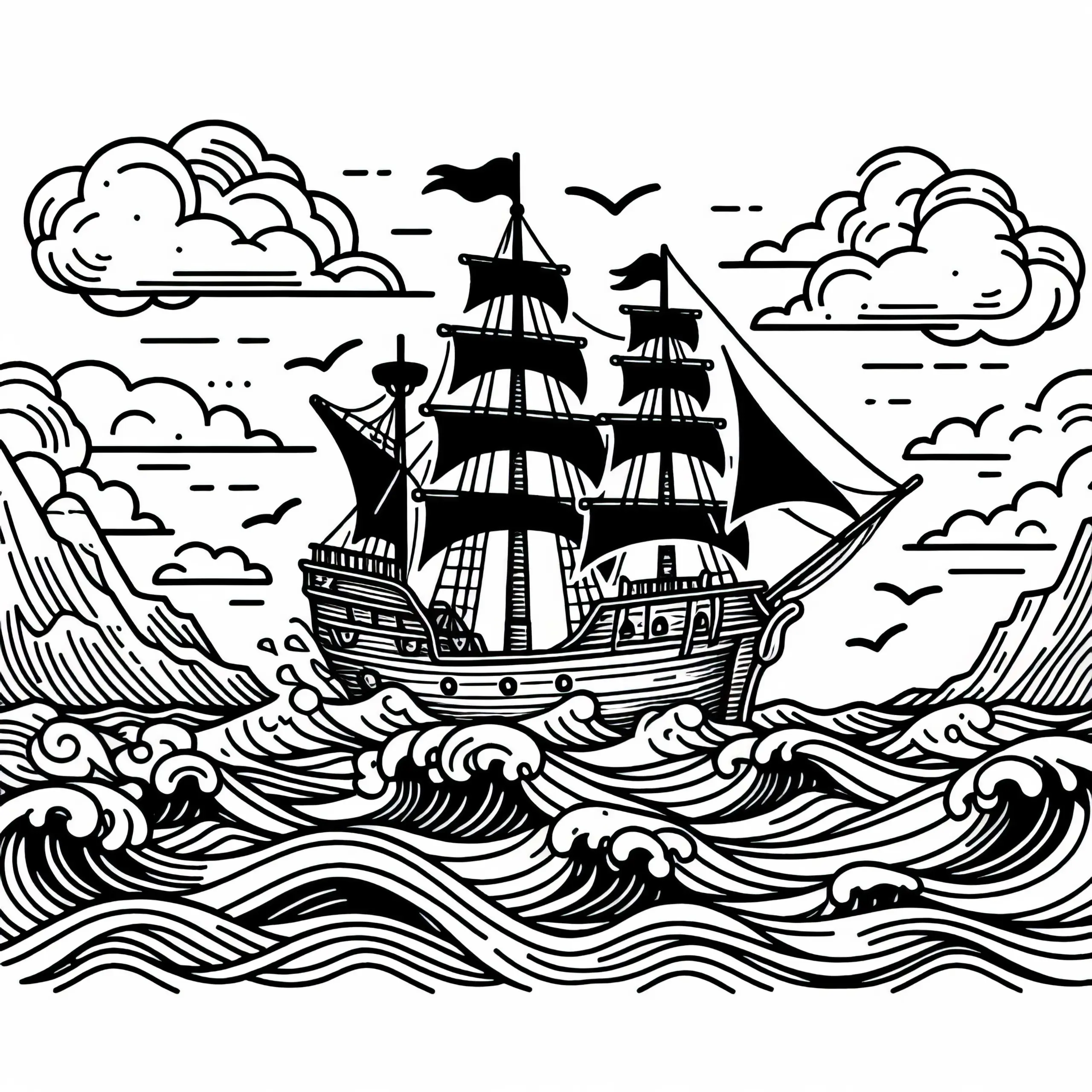 Großes Piratenschiff Segelt über Stürmische Wellen – Malvorlage Kostenlos (Ausmalbild)