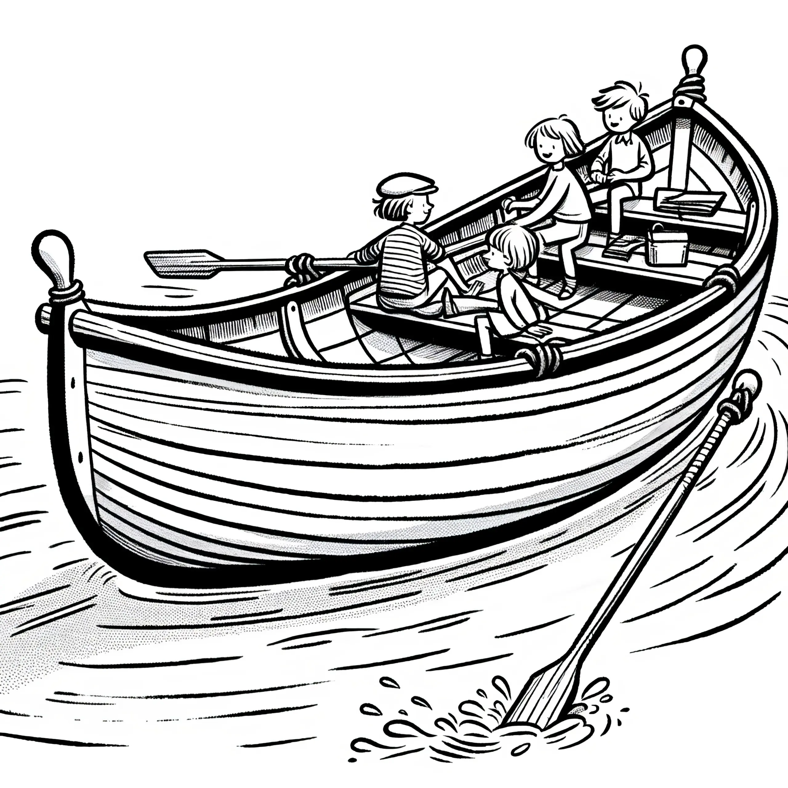 Großes Ruderboot mit Familie: Malvorlage zum Herunterladen (Gratis) (Ausmalbild)