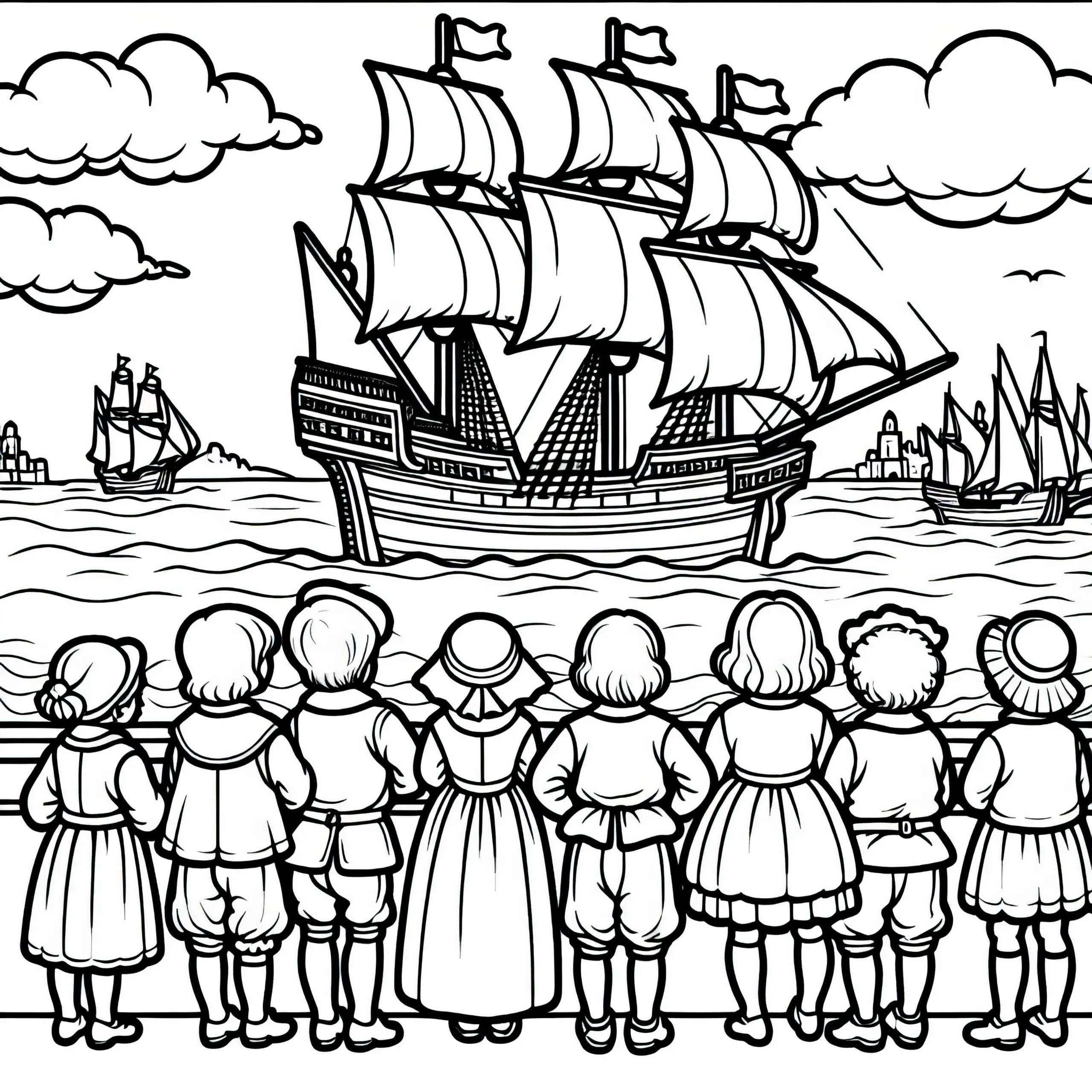 Großes Schiff im Hafen mit wehenden Segeln – Ausmalbild aus dem goldenen Zeitalter Spaniens kostenlos