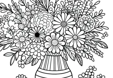 Großes Sträußchen aus Sommerblumen in Vase als Malvorlage kostenlos
