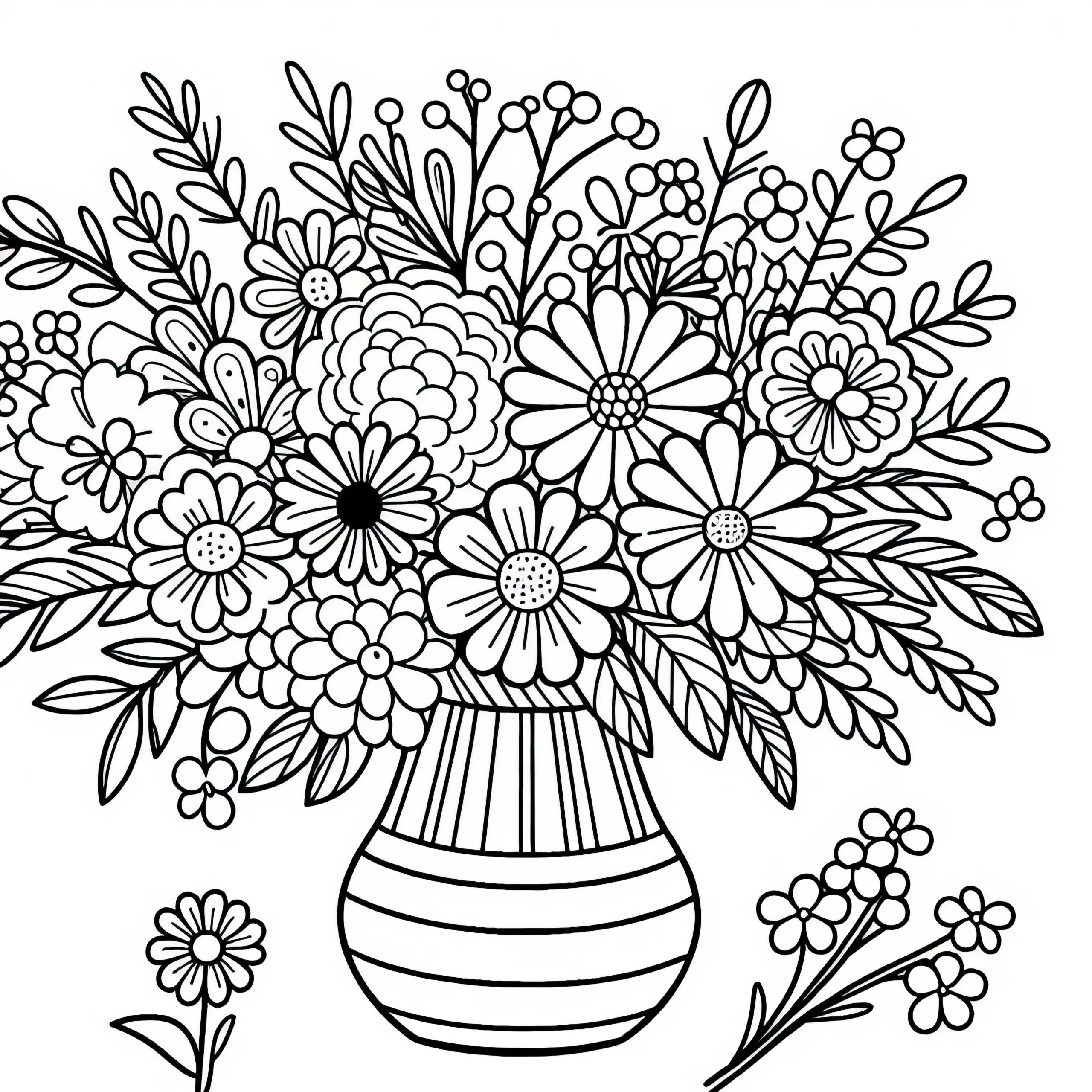 Großes Sträußchen aus Sommerblumen in Vase als Malvorlage kostenlos (Ausmalbild)