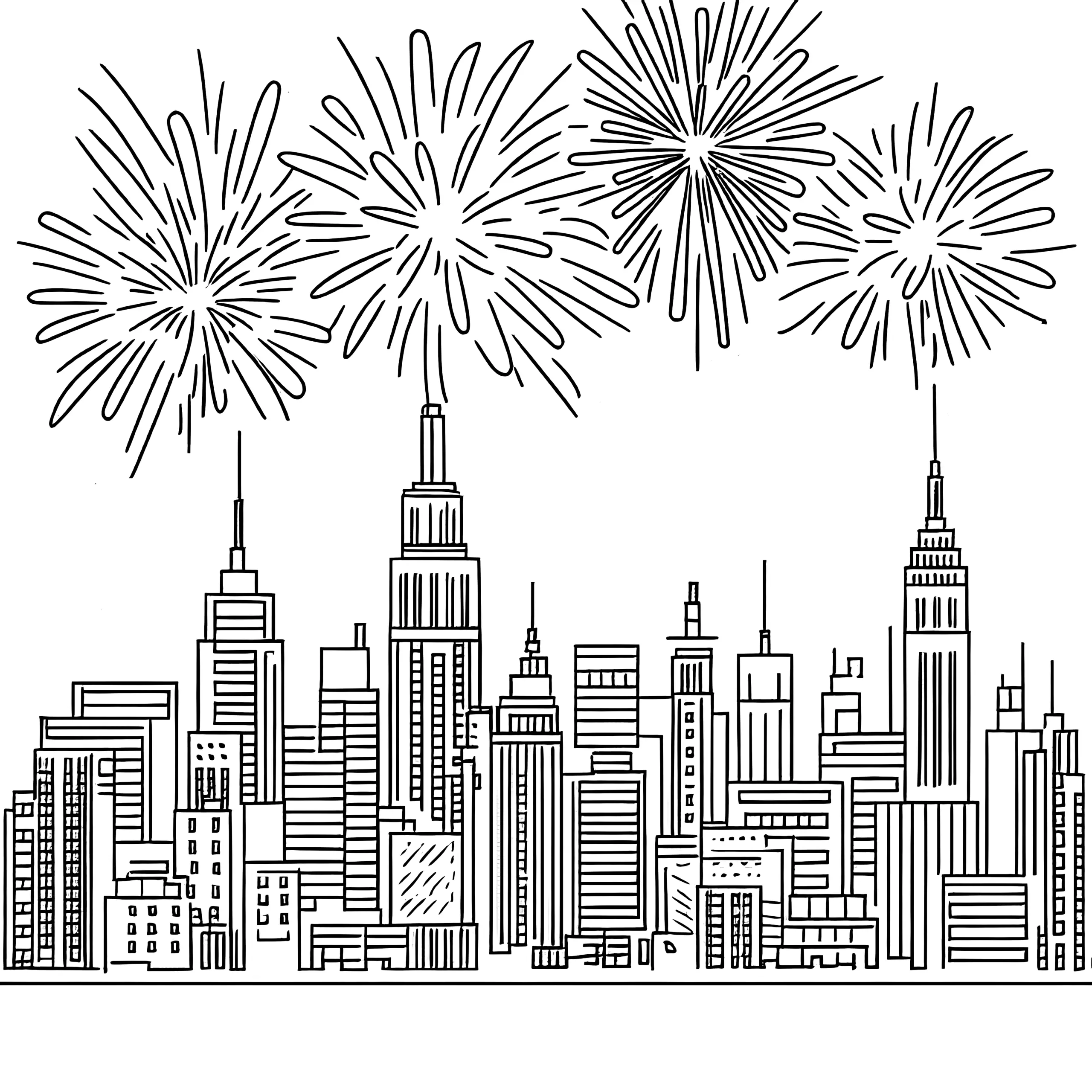 Großstadt mit Wolkenkratzern & Silvesterfeuerwerk (Malvorlage) (Ausmalbild)