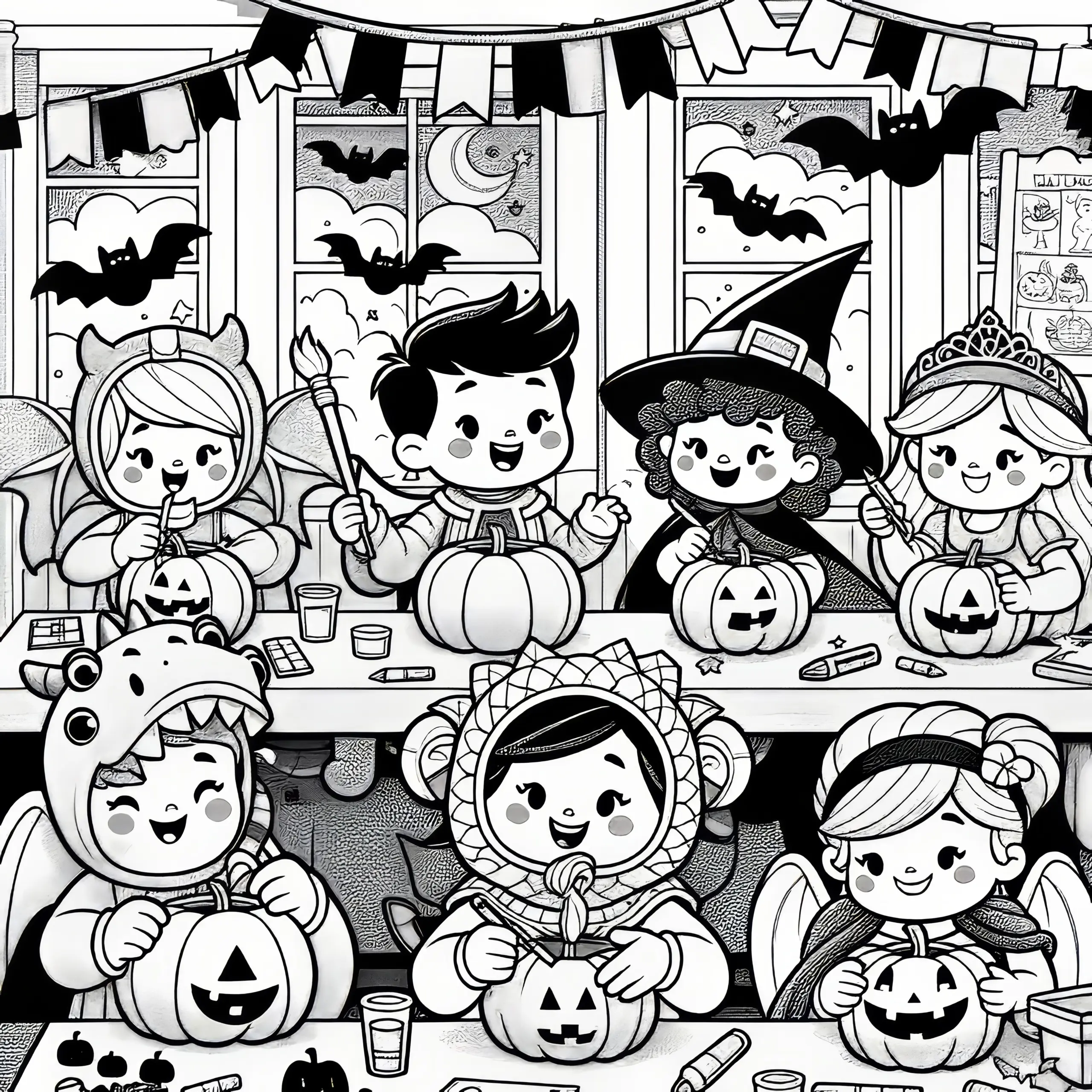 Grundschule mit Kindern und Kürbissen: Halloween-Party Ausmalbild (Kostenlos)