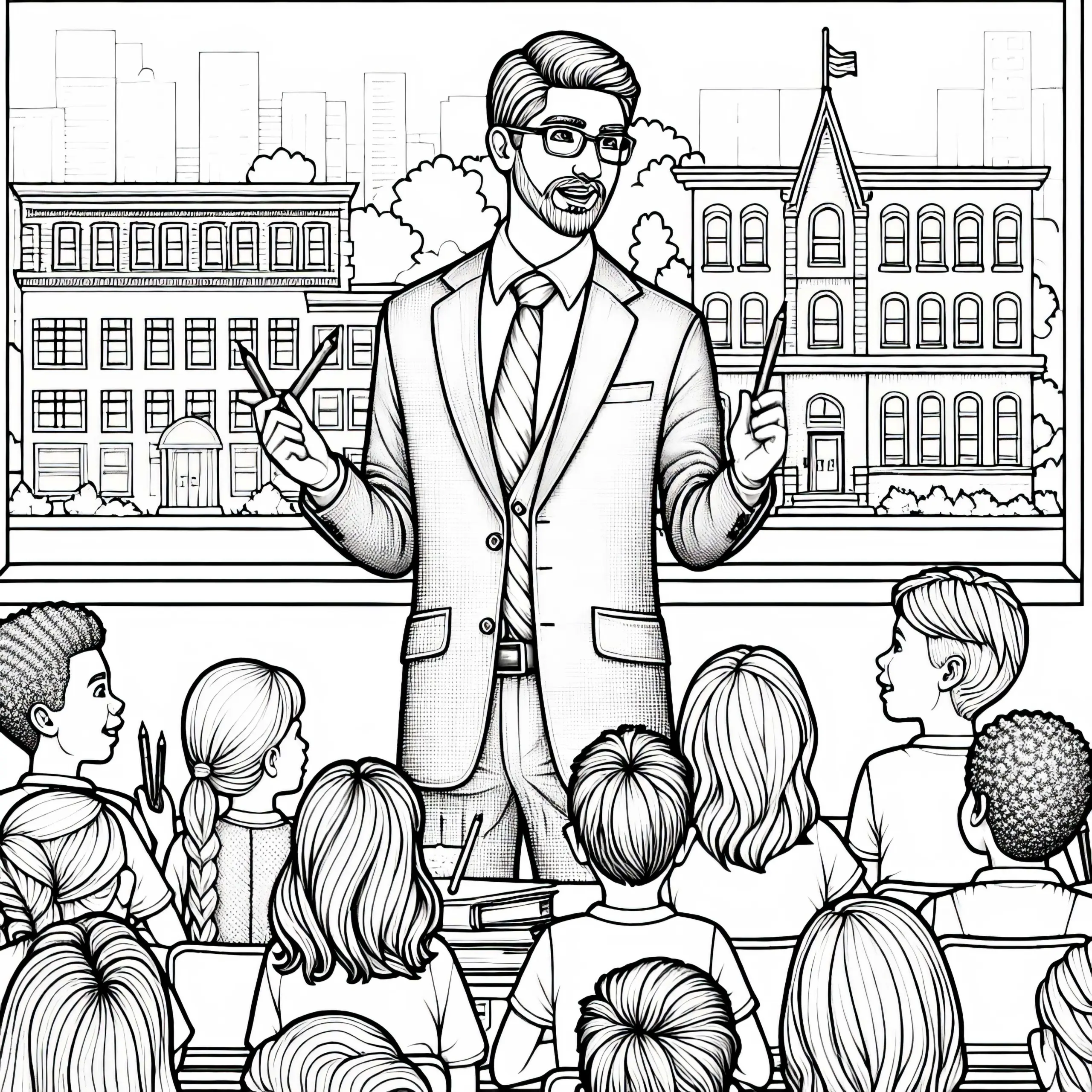 Grundschule mit Lehrer Ausmalbild – Detailreich und Kostenlos