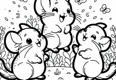 Gruppe von Chinchillas spielt ausgelassen – Malvorlage kostenlos