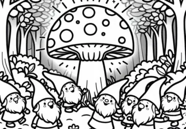 Gruppe von Gnomen tanzt fröhlich um leuchtenden Pilz in einer Waldlichtung – Ausmalbild kostenlos