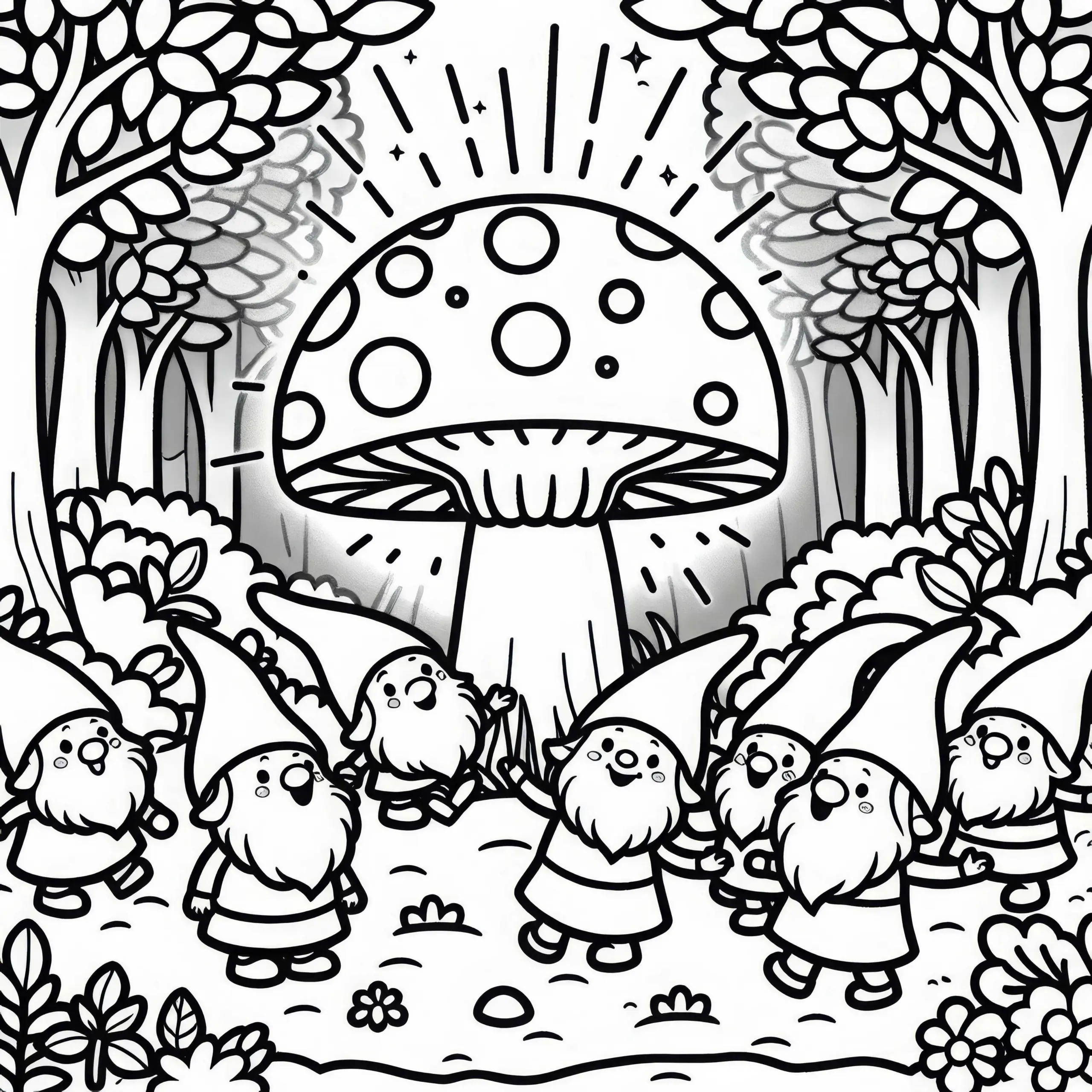 Gruppe von Gnomen tanzt fröhlich um leuchtenden Pilz in einer Waldlichtung – Ausmalbild kostenlos