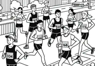 Gruppe von Hobbyläufern nimmt an Stadtmarathon teil – Ausmalbild gratis