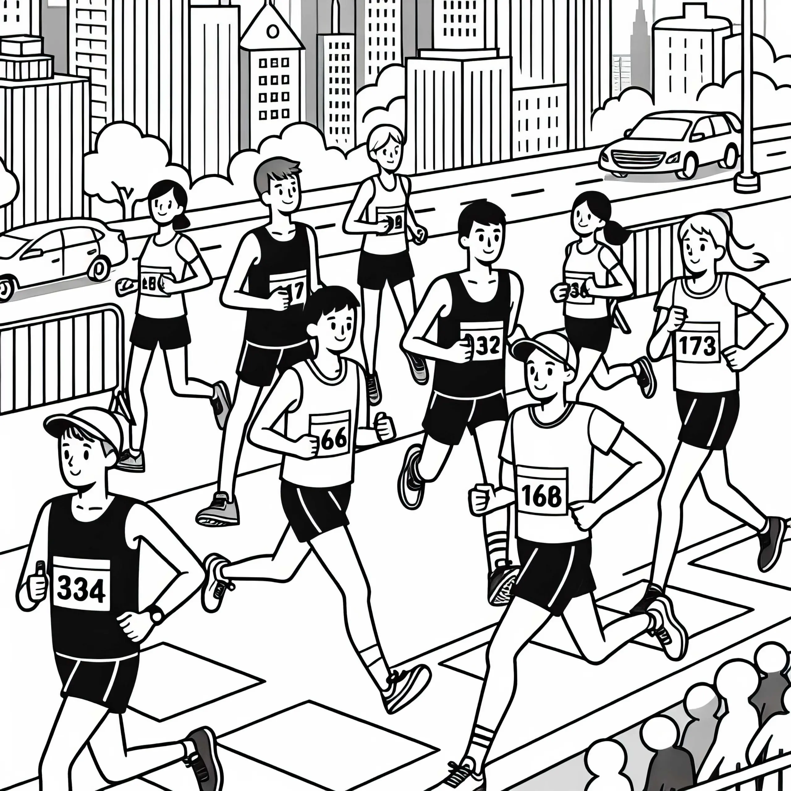 Gruppe von Hobbyläufern nimmt an Stadtmarathon teil – Ausmalbild gratis