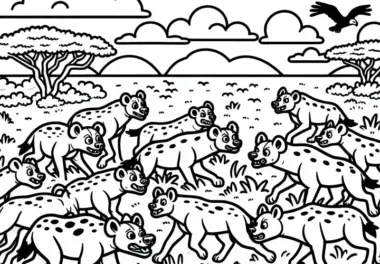 Gruppe von Hyänen jagt gemeinsam durch die Savanne – Ausmalbild kostenlos