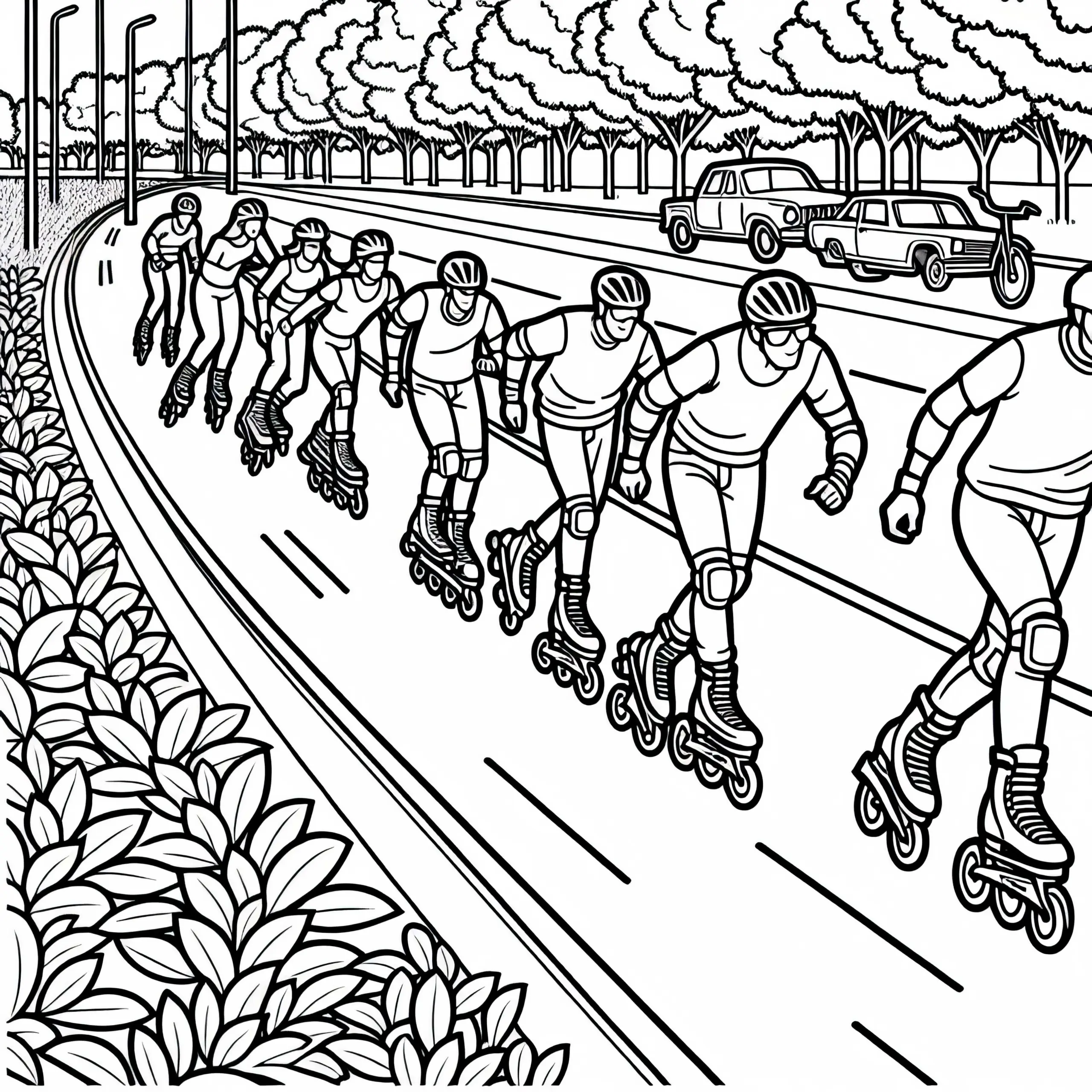 Gruppe Inline-Skater auf Fahrradweg Malvorlage Kostenlos (Ausmalbild)