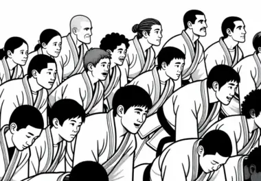 Gruppe Judoka macht Liegestütze zum Aufwärmen – Ausmalbild kostenlos