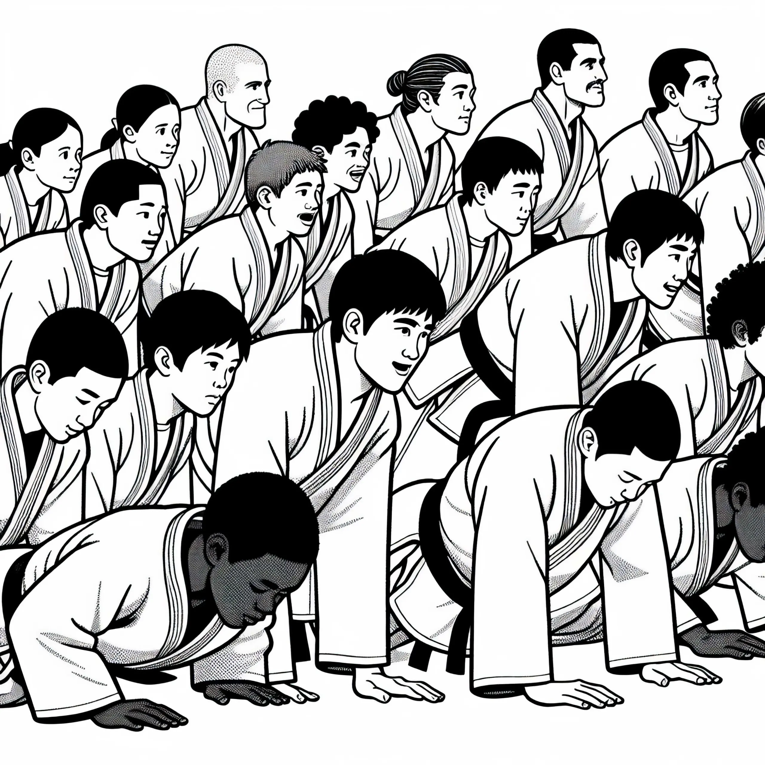 Gruppe Judoka macht Liegestütze zum Aufwärmen – Ausmalbild kostenlos