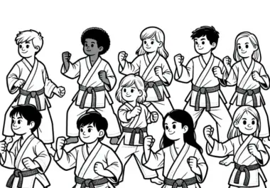 Gruppe von Karateka macht gemeinsam eine Kata – Bewegungsform als Ausmalbild gratis