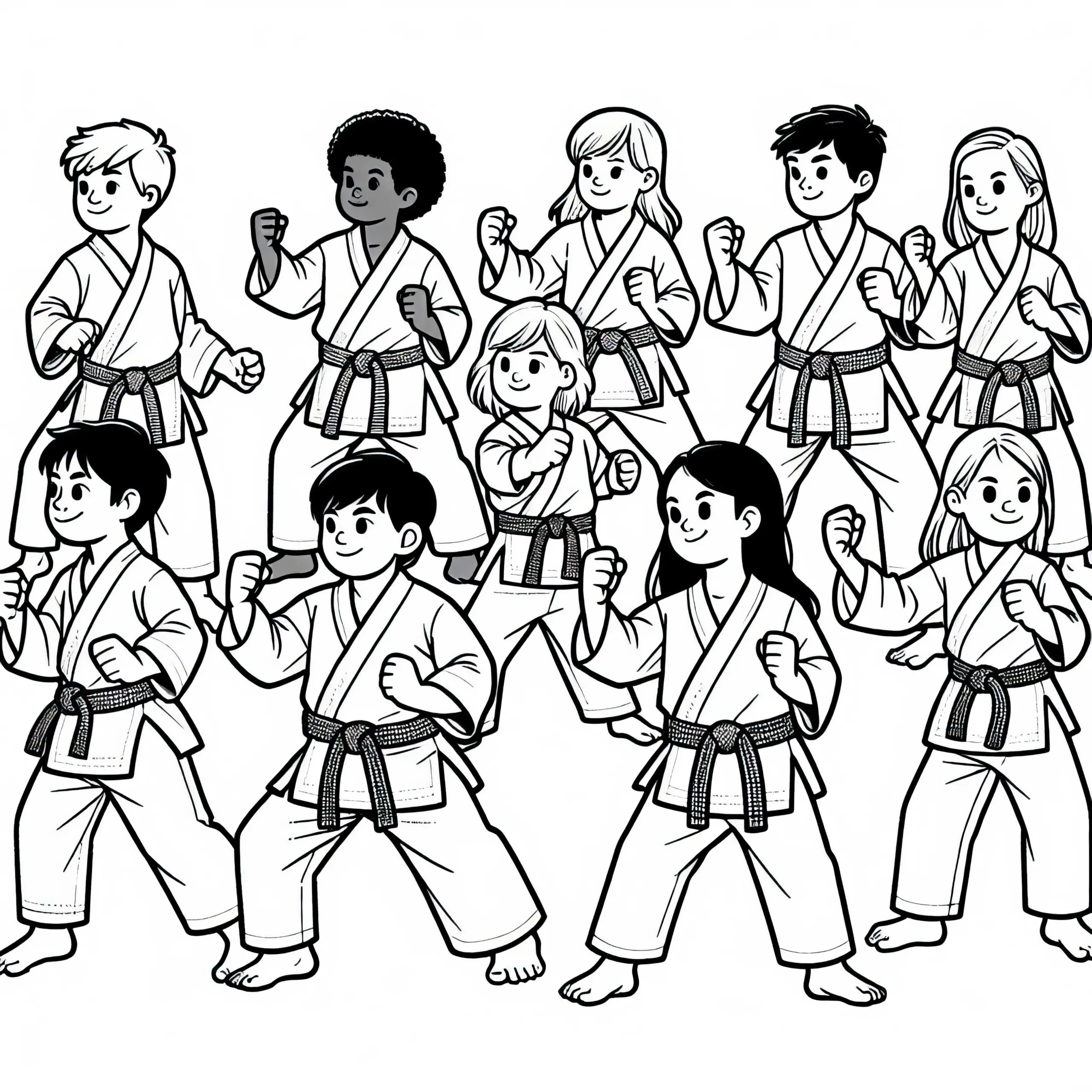 Gruppe von Karateka macht gemeinsam eine Kata – Bewegungsform als Ausmalbild gratis