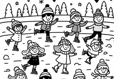 Gruppe von Kindern fährt fröhlich Schlittschuh über gefrorene Seefläche – Ausmalbild kostenlos