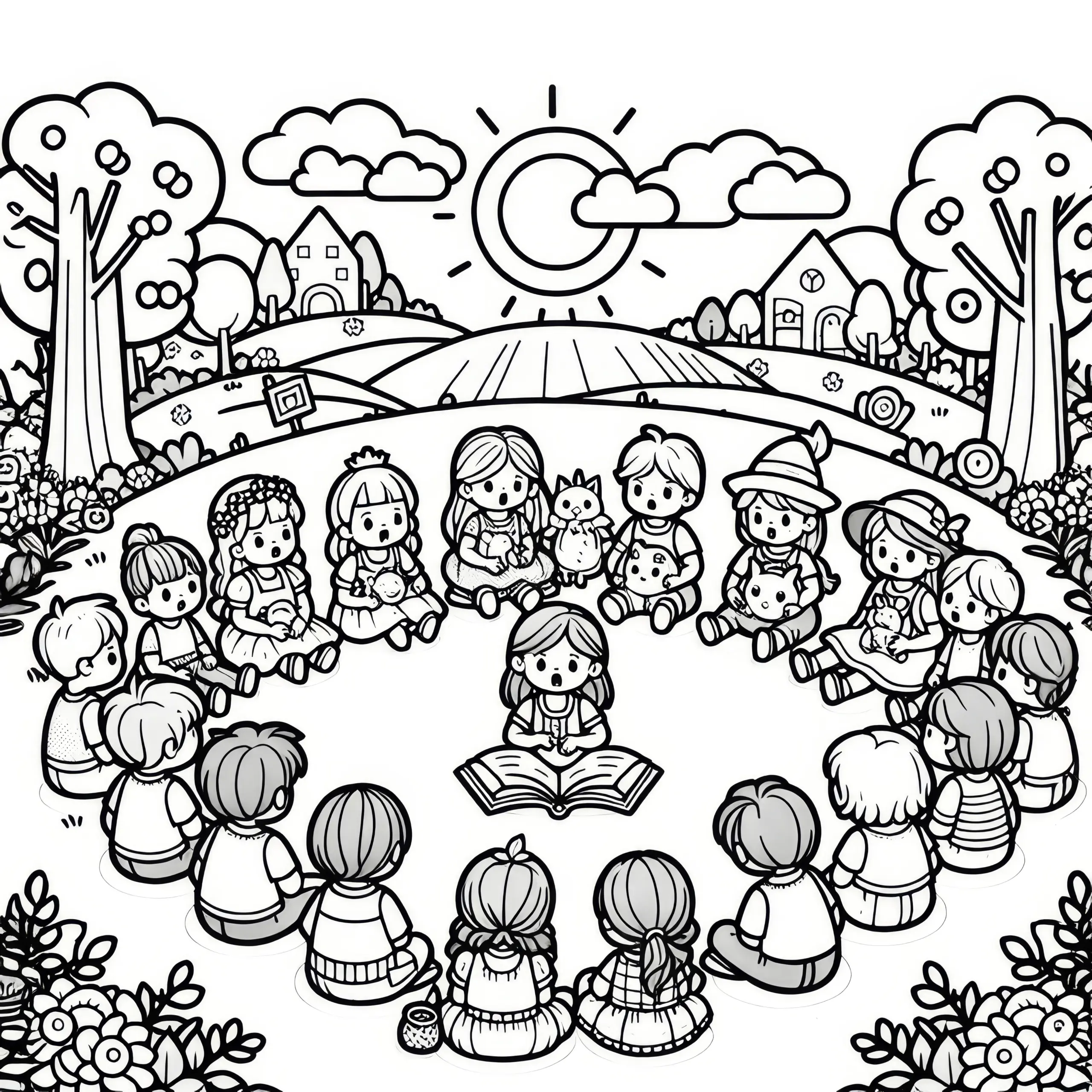 Gruppe Kinder sitzt im Kreis und lauscht einer Märchenerzählung (Kostenlos) (Ausmalbild)