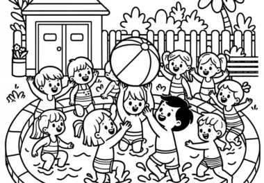 Gruppe Kinder spielt mit Wasserball im Pool – Ausmalbild gratis